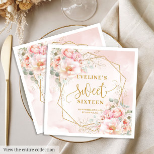 Fancy Light Pink with Gold Flowers Sweet Sixteen  Napkin