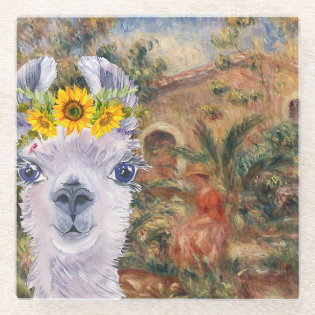 Fancy Llama and Renoir's Farmhouse    Glass Coaster (Front)