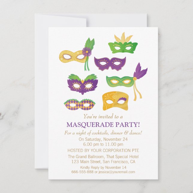 Fancy Mardi Gras Masquerade Party Invitations (Front)