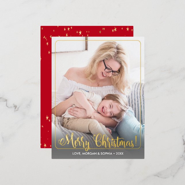 Fancy Merry Christmas, Photo, Name Message, Border Foil Holiday Postcard (Front/Back)