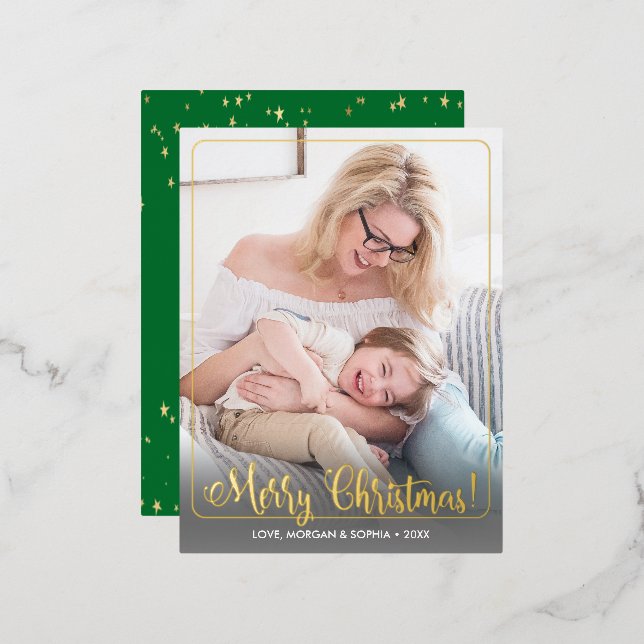 Fancy Merry Christmas, Photo, Name Message, Border Foil Holiday Postcard (Front/Back)