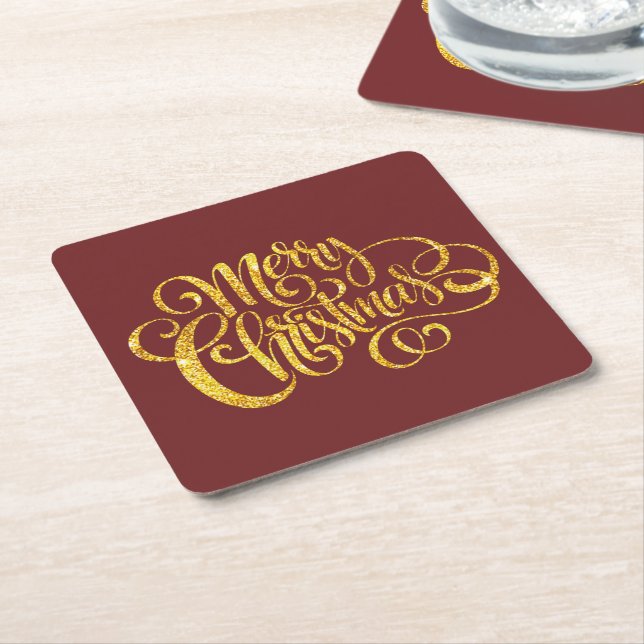 Fancy Merry Christmas Square Paper Coaster (Angled)