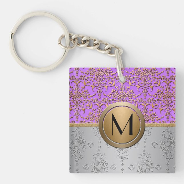 Fancy Monogram Design Periwinkle Purple Gold Keychain (Front)