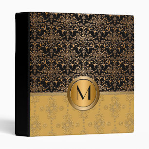 Fancy Monogram Gold and Black Damask Design Binder