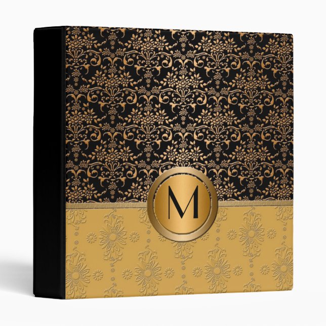 Fancy Monogram Gold and Black Damask Design Binder (Front/Spine)