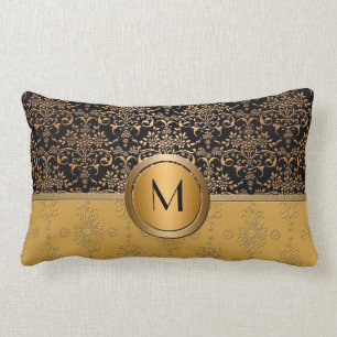 Fancy Monogram Gold and Black Damask Design Lumbar Pillow