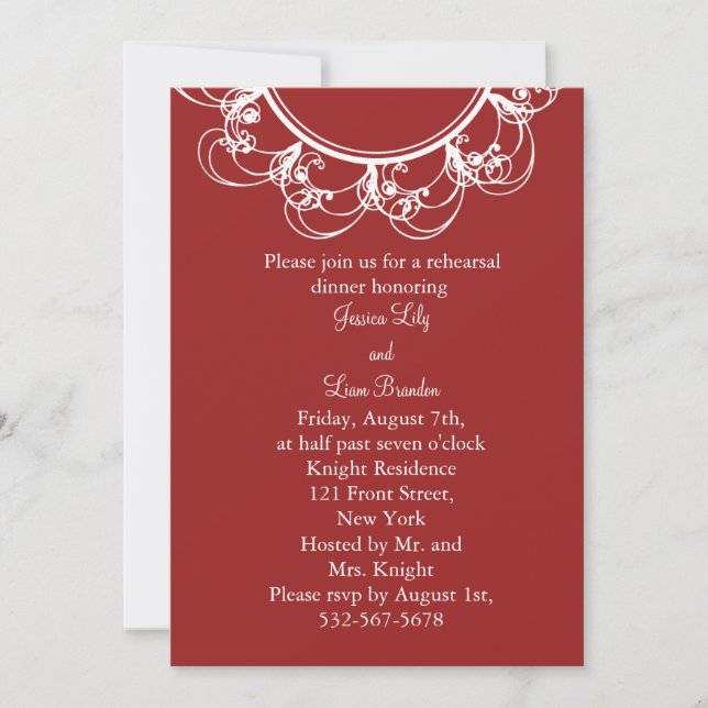 Fancy Monogram Rehearsal Dinner Invitation (red) (Front)