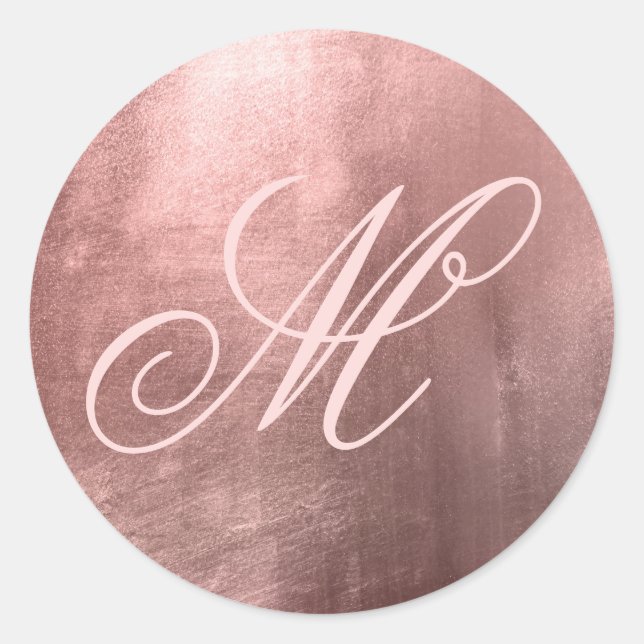 Fancy Monogram Shiny Faux Rose Gold Foil Classic Round Sticker (Front)
