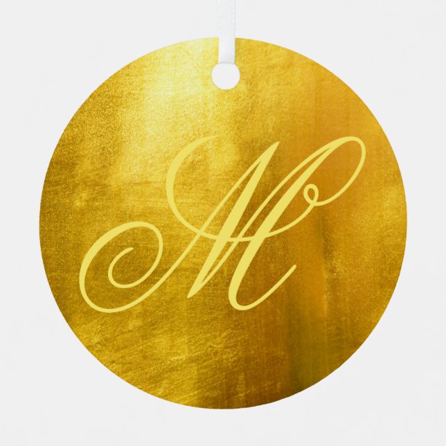 Fancy Monogram Shiny Faux Yellow Gold Foil Metal Ornament (Front)