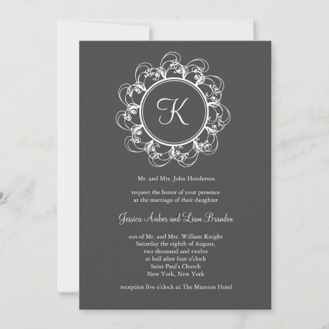 Fancy Monogram Wedding Invitation (grey) (Front)