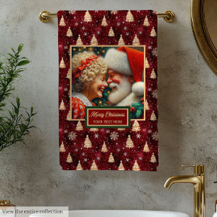 Fancy Mr. and Mrs. Claus Red Gold Bath Towel