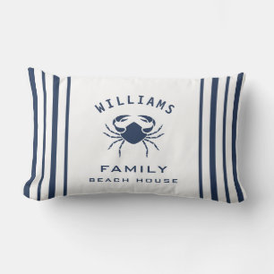 Fancy Navy Blue White Family Name Beach House Crab Lumbar Pillow