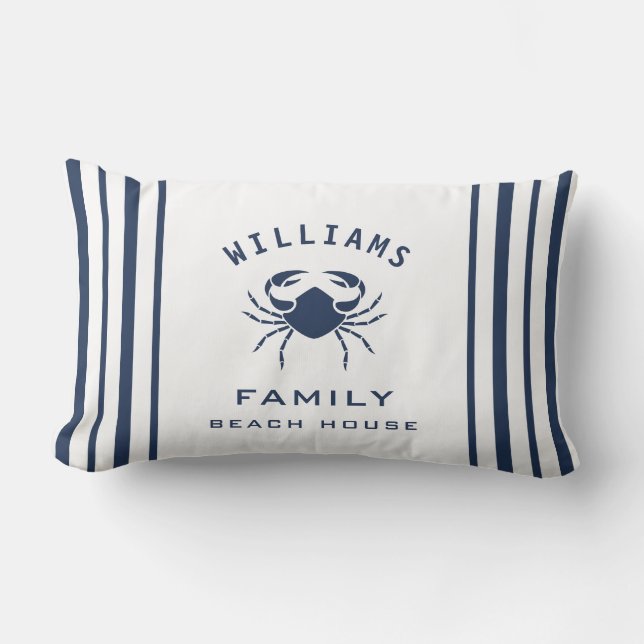 Fancy Navy Blue White Family Name Beach House Crab Lumbar Pillow (Front)