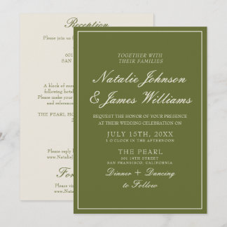 Fancy Olive Green Old Money All In One Wedding Invitation