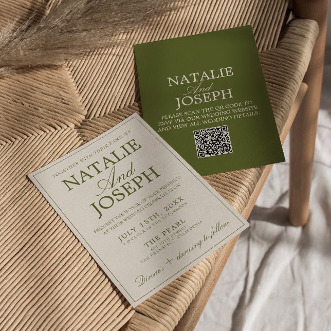 Fancy Olive Green Old Money Retro QR Code Wedding  Invitation (Creator Uploaded)