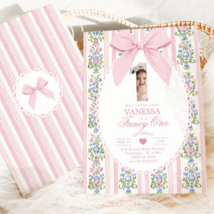 Fancy One Pink Bow Photo Love 1st Birthday Invitation
