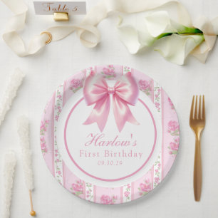 Fancy One Pink Coquette Bow First Birthday  Paper Plate