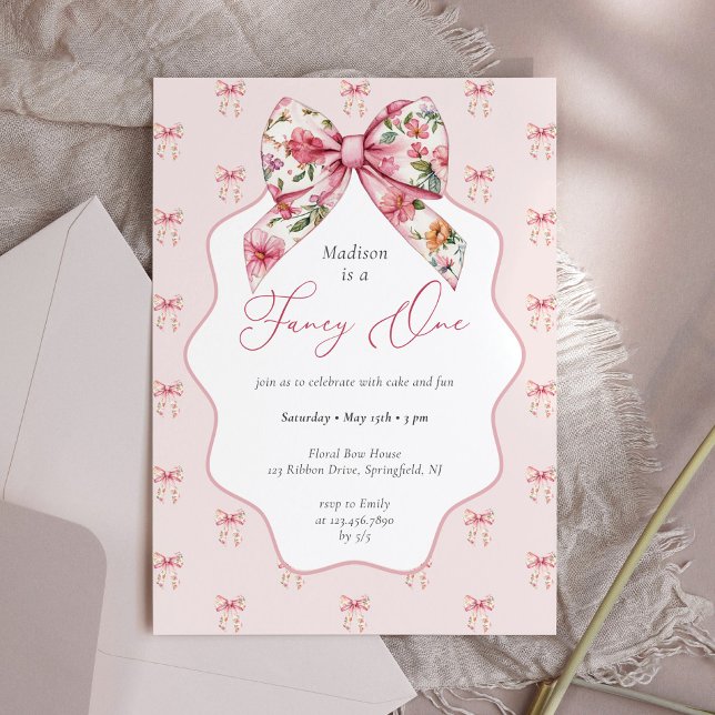 Fancy One Pink Floral Bow 1st Birthday Invitation (Creator Uploaded)