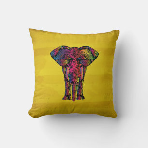 Fancy Ornamental Elephant Design Bold Colours Throw Pillow