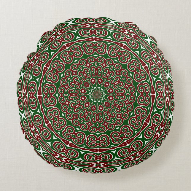 Fancy Ornate Maximalist Groovy Christmas Mandala Round Pillow (Front)