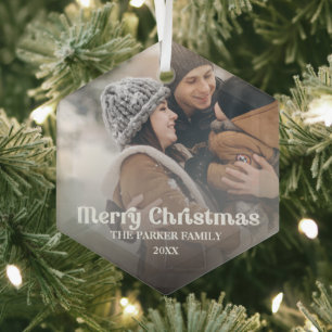 Fancy overlay vintage text Merry Christmas Glass O Ornament