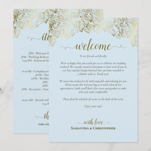 Fancy Pale Blue & Gold Wedding Welcome & Itinerary Program (Front/Back)