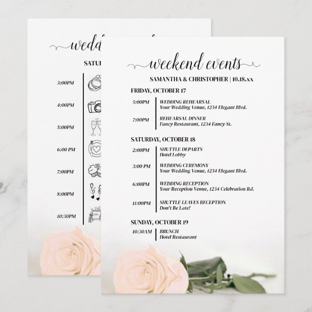 Fancy Pale Peach Rose Wedding Events & Timeline Program (Front/Back)