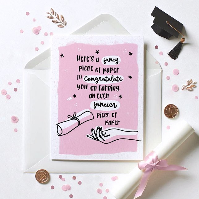 Fancy Paper Funny Graduation Card (Gradutation card with black text & pink bg. Grad card shown with envelope, diploma and confetti )
