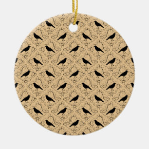 Fancy Pattern with Crows. Black and Beige. Ceramic Ornament