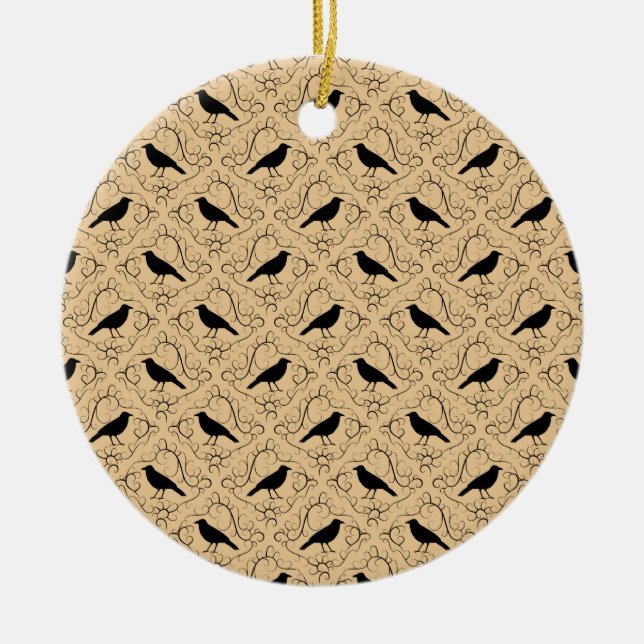 Fancy Pattern with Crows. Black and Beige. Ceramic Ornament (Front)