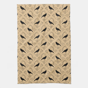 Fancy Pattern with Crows. Black and Beige. Kitchen Towel