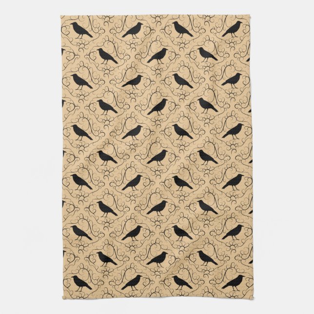 Fancy Pattern with Crows. Black and Beige. Kitchen Towel (Vertical)