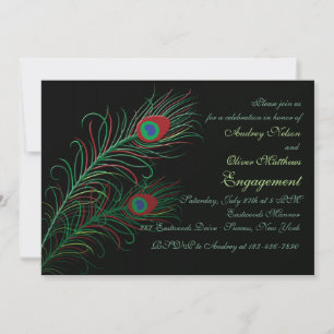 Fancy Peacock Feathers Black Invitation