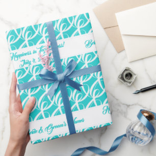 Fancy Personalized Bride, Groom Aqua Blue Wedding Wrapping Paper