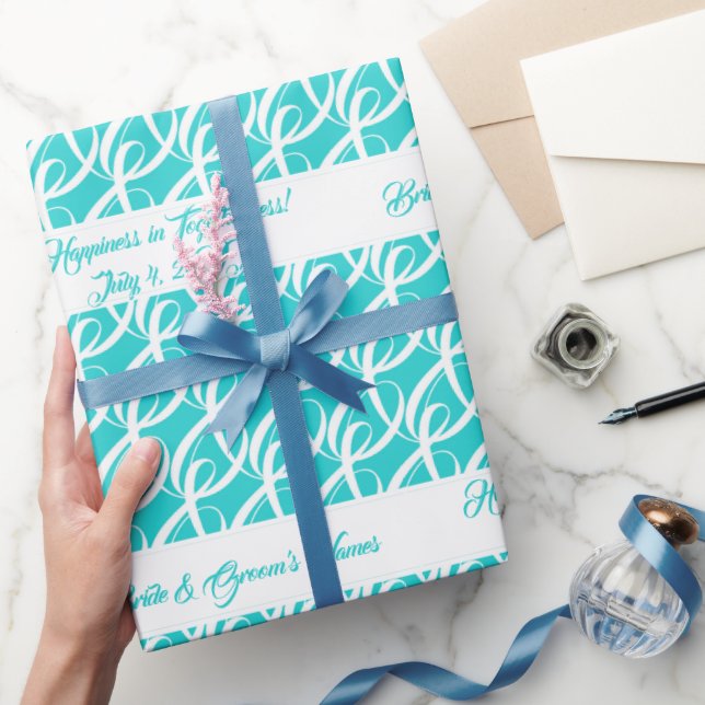 Fancy Personalized Bride, Groom Aqua Blue Wedding Wrapping Paper (Gifting)