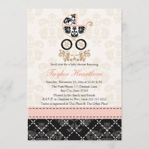 Fancy Pink and Black Damask Carriage Baby Shower Invitation
