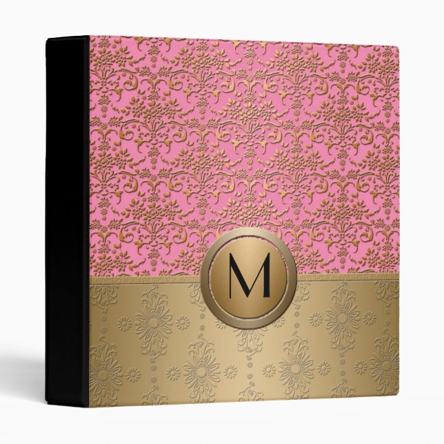 Fancy Pink and Gold Monogram Damask Pattern Binder (Front/Spine)