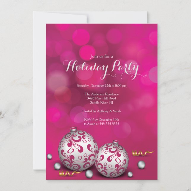 Fancy Pink Bokeh Lights Holiday Invitation (Front)