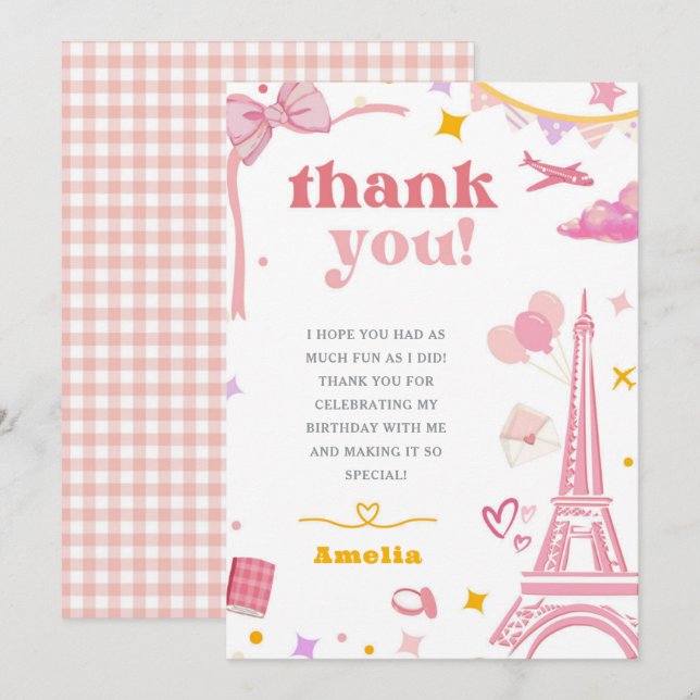 Fancy Pink Eiffel Tower Paris Theme Thank You Card (Front/Back)