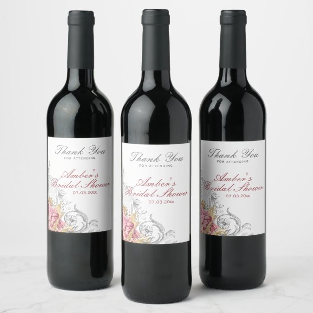 Fancy Pink Floral Bridal Shower Wine Label (Bottles)