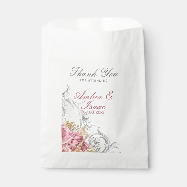 Fancy Pink Floral Wedding Thank You Favour Bag (Front)