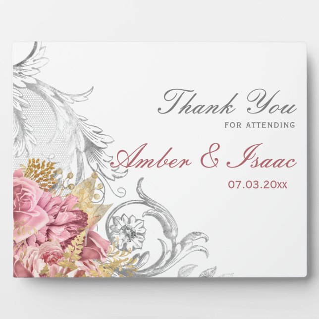 Fancy Pink Floral Wedding Thank You Table Sign Plaque (Front)