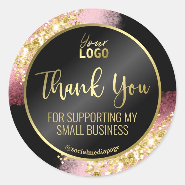 Fancy Pink Gold Glitter Black Thank You Logo Classic Round Sticker (Front)