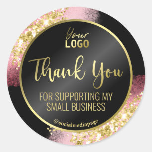 Fancy Pink Gold Glitter Black Thank You Logo Classic Round Sticker