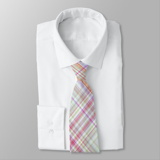 Fancy Pink 'n Green Geometric Plaid Tie (Tied)