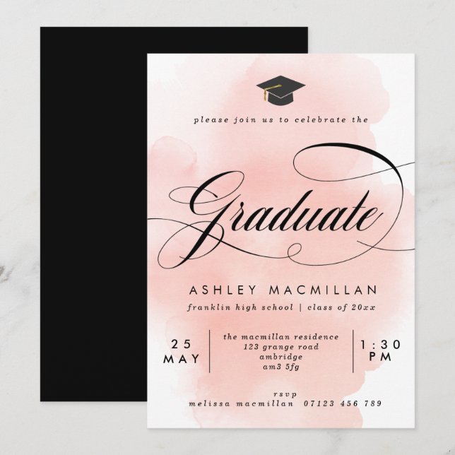 Fancy Pink Watercolor Wash Graduation Party Invitation (Front/Back)