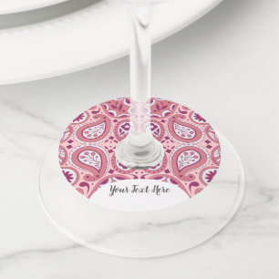 Fancy Pink White Paisley Pattern Tear Drops Wine Glass Tag