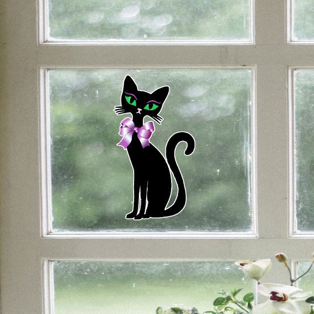 Fancy Pretty Black Cat Green Eyes Pink Bows Window Cling (Fancy black cat green eyes wearing pretty pink bow on window cling decoration.)