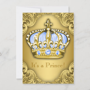 Fancy Prince Baby Shower Baby Blue Gold Invitation