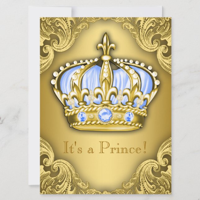 Fancy Prince Baby Shower Baby Blue Gold Invitation (Front)